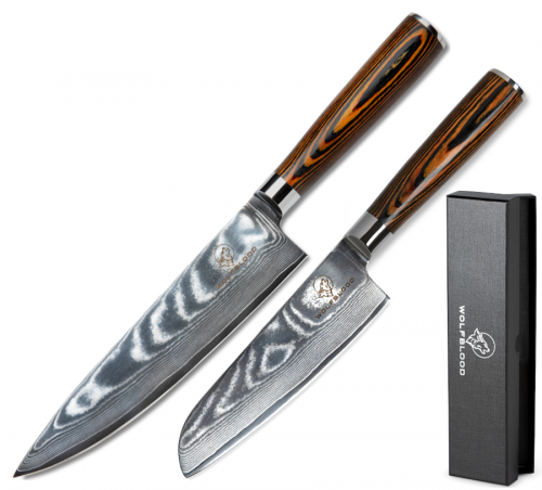 Damastmesser-Set Wolfblood 2er (32 cm und 24cm) Damast Küchenmesser Set I Damastmesser Set mit Chefmesser und Santoku Messer